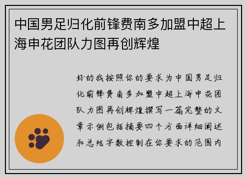 中国男足归化前锋费南多加盟中超上海申花团队力图再创辉煌