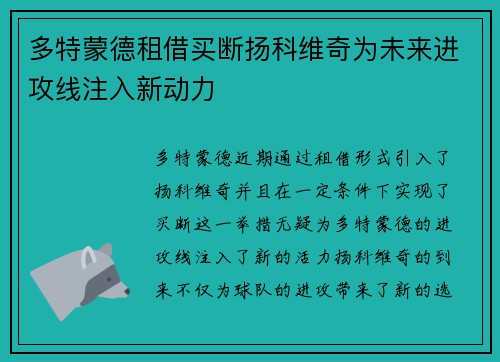 多特蒙德租借买断扬科维奇为未来进攻线注入新动力 多特蒙德租借买断扬科维奇为未来进攻线注入新动力